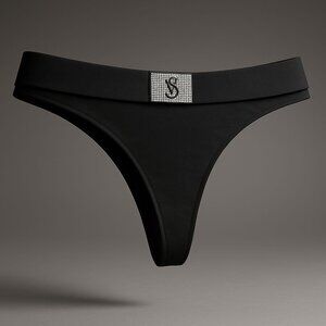 Victoria's Secret Shine Patch Thong Panty Women's Large Black Rhinestone VS Logo